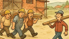 Vtip: Partia chlapov nosí dosky na stavbe