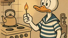 Vtip: Káčer Donald pri sporáku so zápalkou