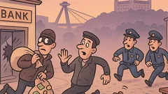 Vtip: Bankoví zlodeji utekajú s vrecami peňazí