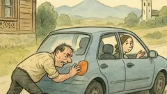 Vtip: Muž spotený tlačí auto do kopca