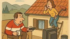 Vtip: Muž sleduje hokej, žena natiera strechu